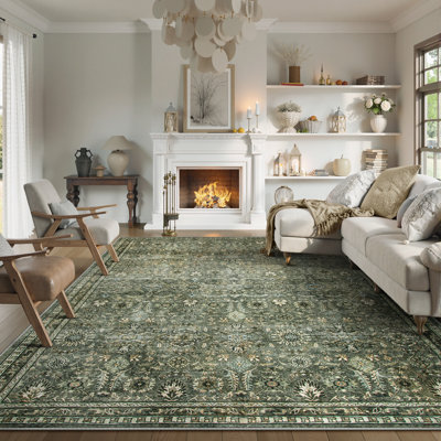 Watte Vintage Floral Border Cashmere Washable Area Rug - Soft Elegant Design for Living Room, Bedroom, or Dining Room Decor