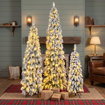 Ensemble de 3 sapins de Noël crayon pré-illuminés et enneigés, sapins artificiels fins en PVC avec 11 modes d'éclairage et lumières DEL