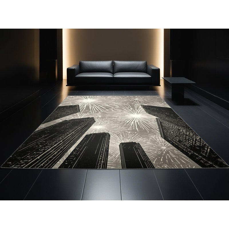 Machine Washable Paitlyn Las Vegas Strip Posh & Luxe Starburst Rug in Gray – Gray Binding, 3x5