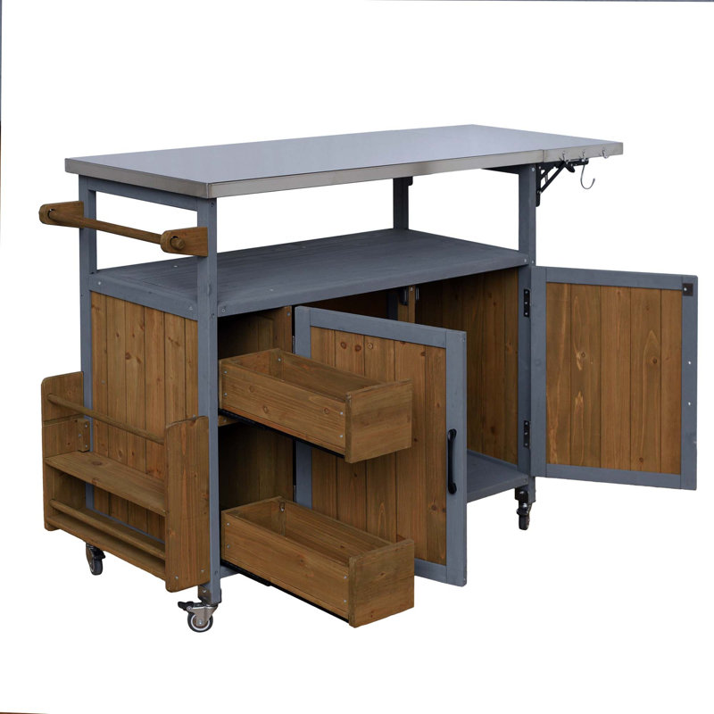 54.33" Farmhouse Rolling Outdoor Kitchen Cart, Solid Wood Frame With Stainless Steel Top, Spice Rack, Towel Rack, Lockable Wheels & Multi-Functional Storage For Patio, Backyard BBQ & Kitchen