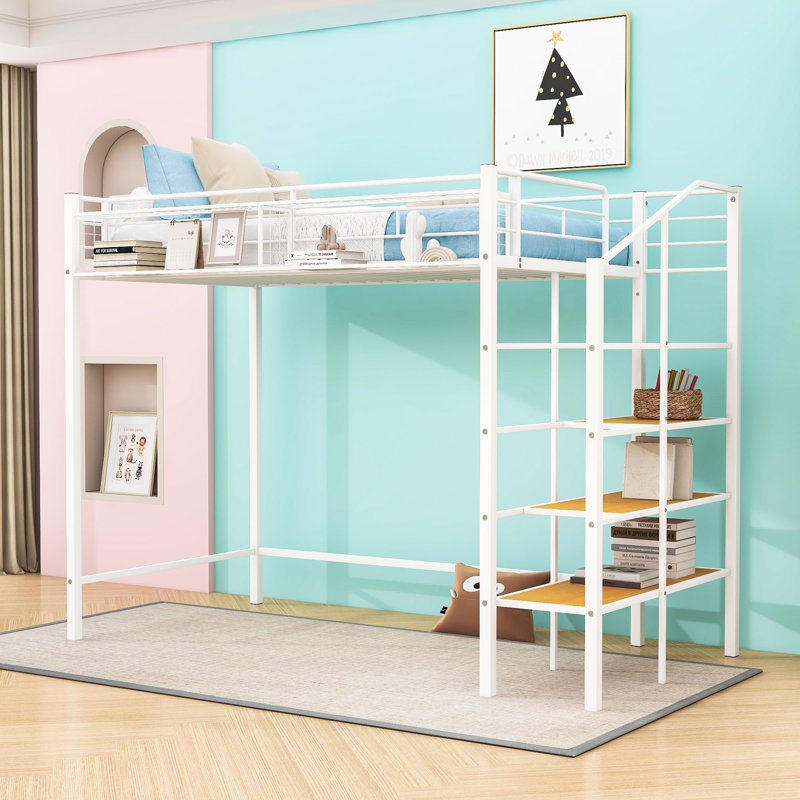 Lit mezzanine simple en métal avec rangement intégré et design contemporain, Blanc