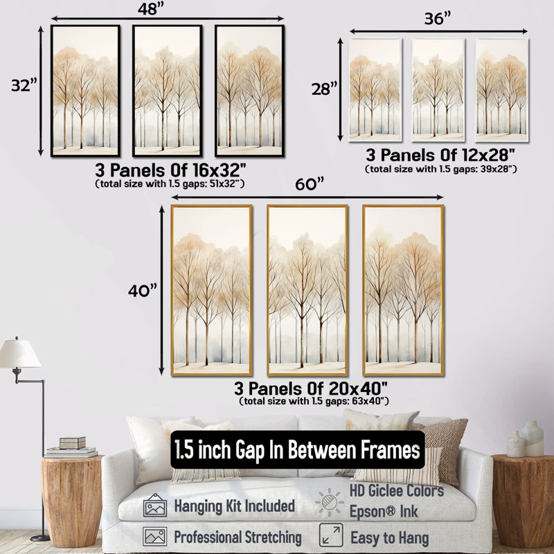 Forêt, arbres, minimalisme, ensemble d'art mural, Cadre flottant doré, H 28 po x l 36 po x P 1 po