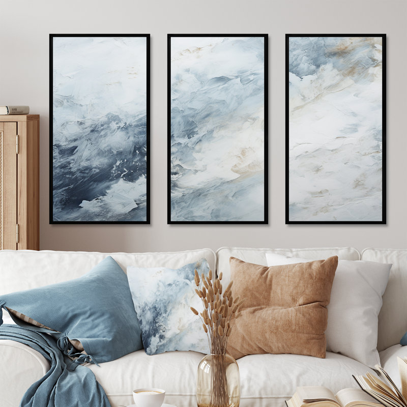 «Blue and White Snow Blooming II - Abstract Shapes», ensemble d'impression d'art mural, Cadre flottant noir