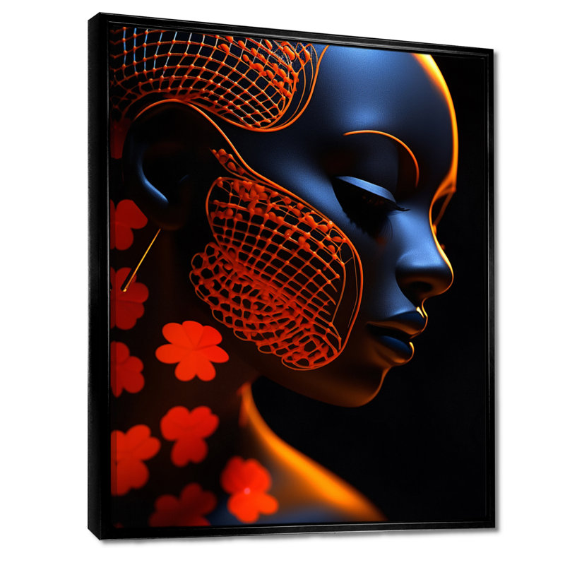 Élégant papillon bleu profond Portrait I - femme moderne, décoration murale, Cadre flottant noir, H 20 po x l 12 po