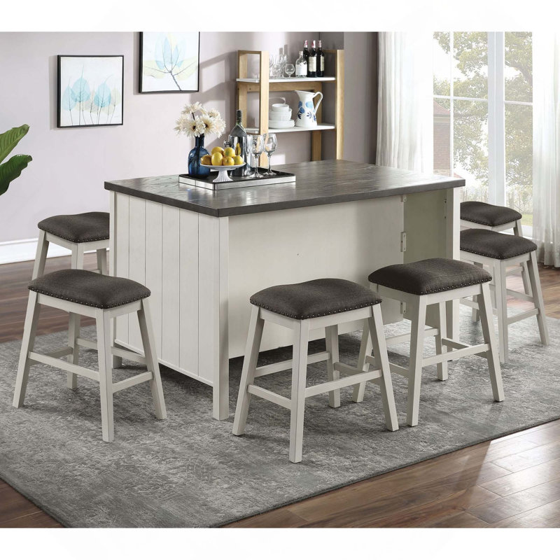 Transitional Style 7PCS Counter Height Dining Set, Wooden Dining Table With Storage Shelve Table Base & 6 Stools