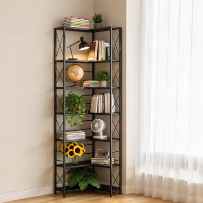 Tablette d'angle, bibliothèque de coin industrielle à 7 niveaux, grande bibliothèque à cadre en bois et en métal, étagère de présentation autoportante pour le salon, la cuisine, le bureau personnel