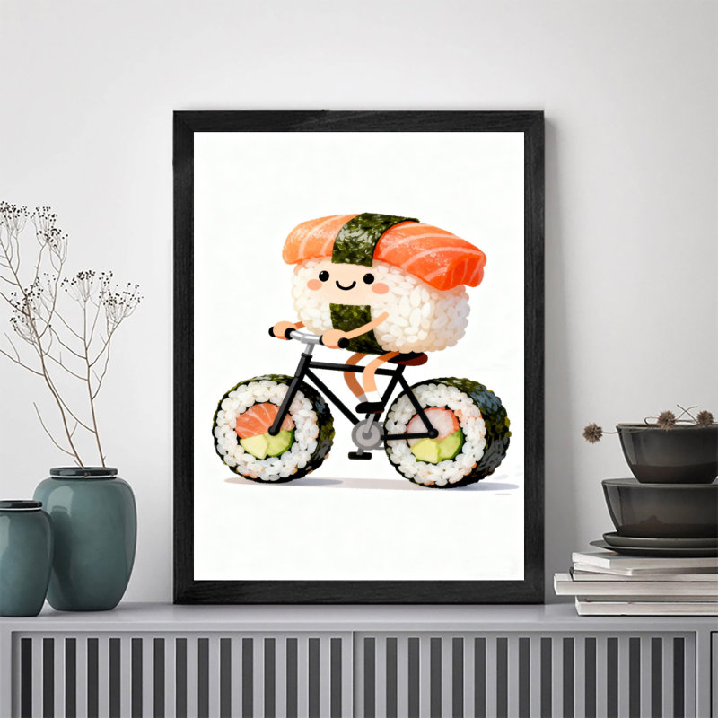 Black Framed Vintage Lovely Rice and vegetable roll riding a Rice and vegetable roll bike Wall Art Retro Style Framed Prints
