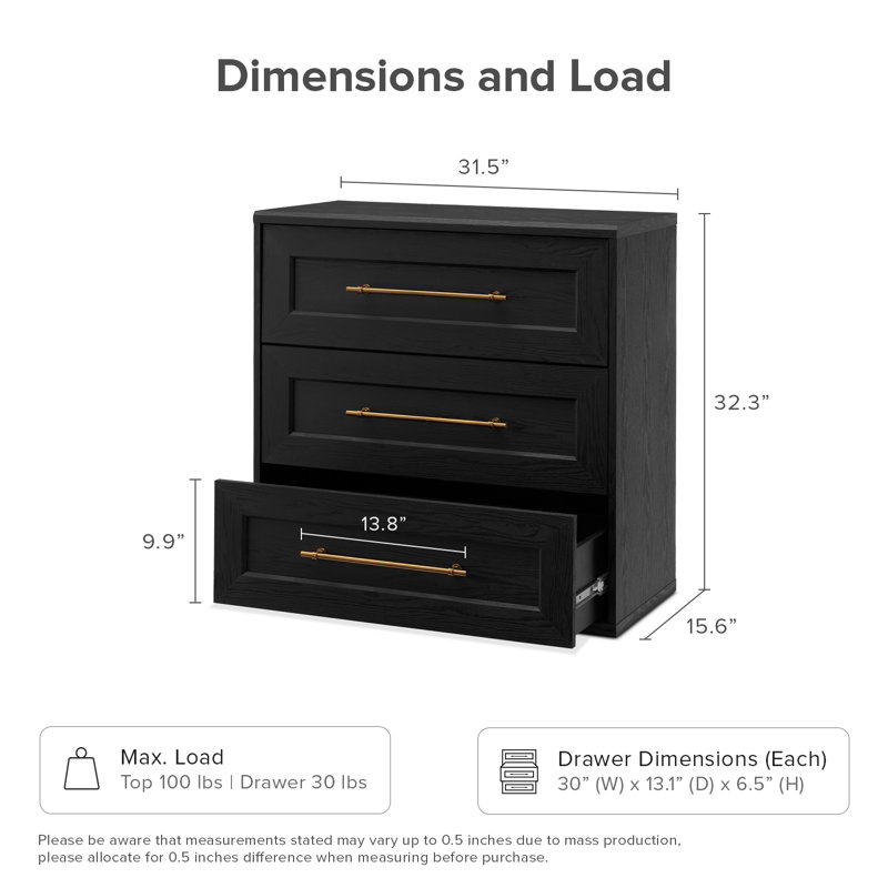 Mercer41 Durrett 3 Drawer Dresser For Bedroom, Black