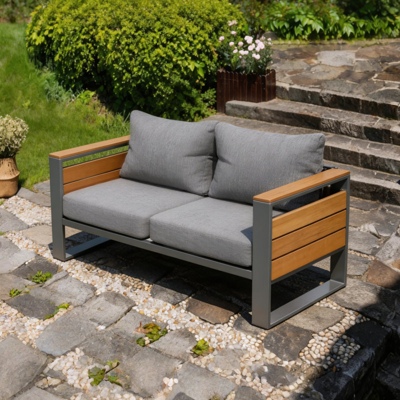 Aluminum Outdoor Patio Loveseat, All-weather 2 Seater Patio Sofa With Thick Olefin Cushions & Wide Armrest For Garden, backyard, porch, gray