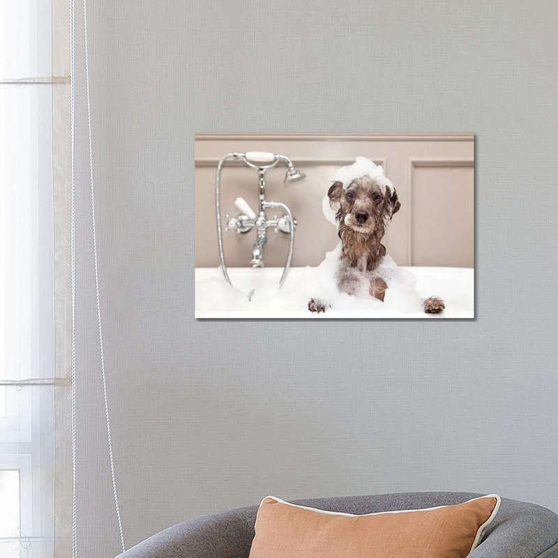 Funny Dog Taking Bubble Bath by Susan Schmitz - Print on Canvas, 66.04 cm H x 45.72 cm W x 1.91 cm D, Wrapped Canvas