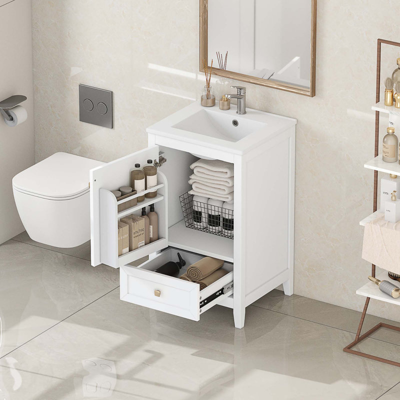 Meuble-lavabo de 20 po avec lavabo, armoire avec porte à fermeture douce, support de rangement et 1 tiroir, Blanc