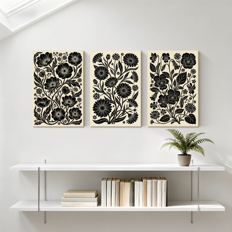 Plantes et fleurs, motif floral noir sur fond crème, ensemble de 3 impressions murales sur toile, H 18 po x l 36 po