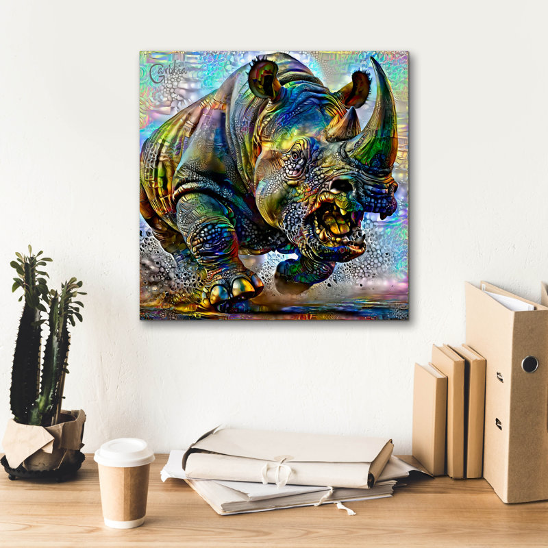 Toile épique Graffiti «Rhino Attacking» par Pierre Gavidia, 18 po x 18 po, H 18 po x l 18 po