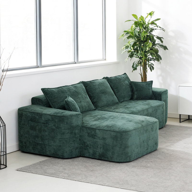Canapé modulaire en L en chenille à assise profonde avec méridienne de 56,7 po, Chenille verte