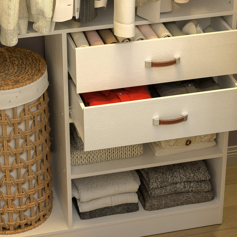 71'' - 110'' W Closet System with Wooden Drawers and Hanging Rods, White