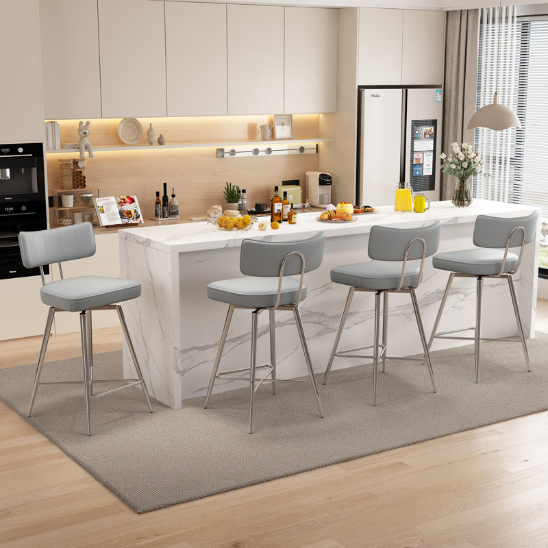 Light Gray Leather Swivel Counter Stools with Silver Metal Frame