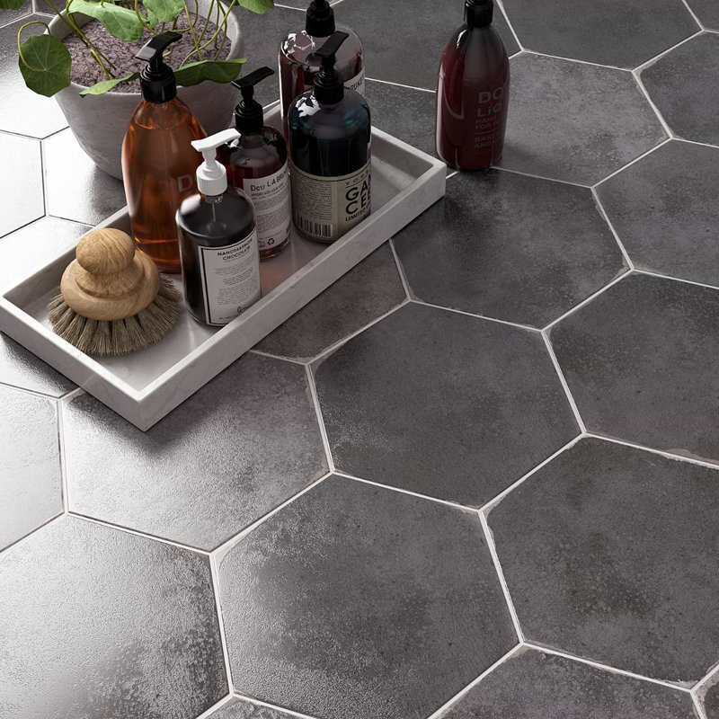 Kalay 9" Hexagon Polished Porcelain Tile, Antracite