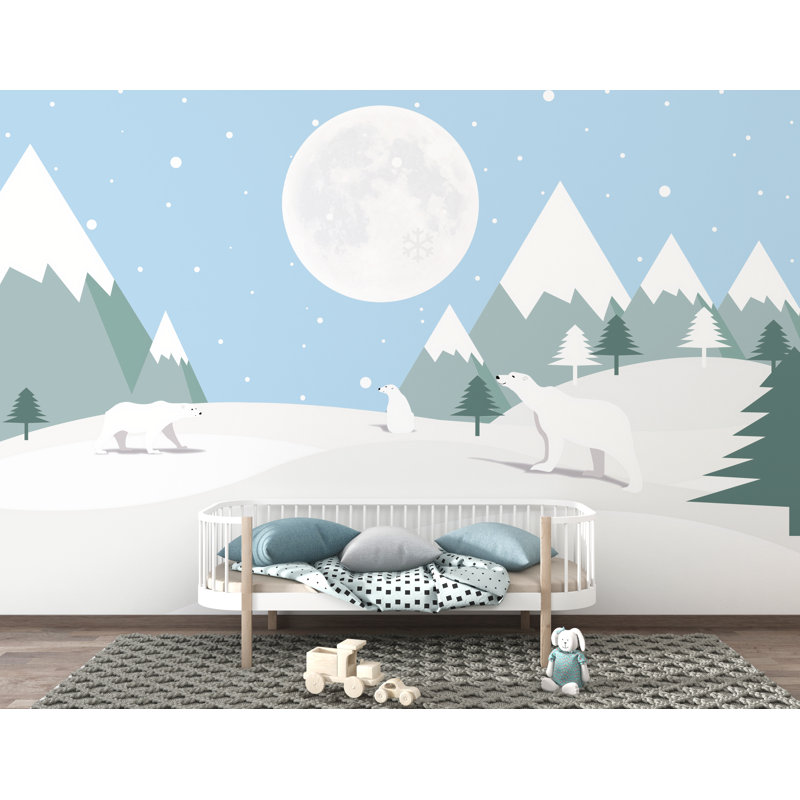 Mountain Bear Kids Blue Background Wallpaper, 57" L x 86" W
