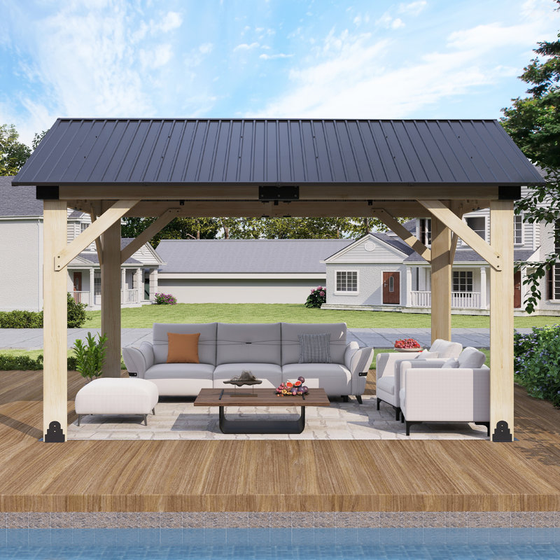 Outdoor Heavy Duty Wooden Gazebo with Galvanized Steel Hardtop Gazebo, 12' W x 10' D