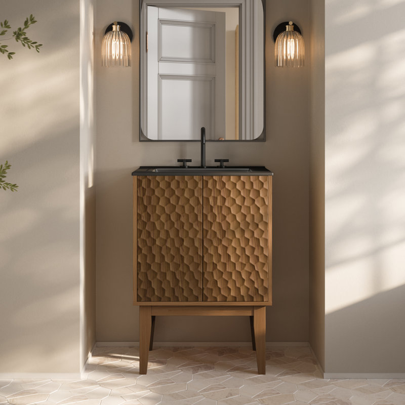 Bosse 24" Freestanding Bathroom Vanity in Brown Oak with Black 3-Hole Centerset Sink Top, Brown Oak, Black, 4" Centerset