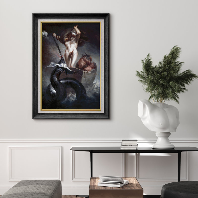 «Warrior Defeating Sea Serpent», œuvre d'art fantastique, images de bataille sombre, Cadre noir de qualité supérieure