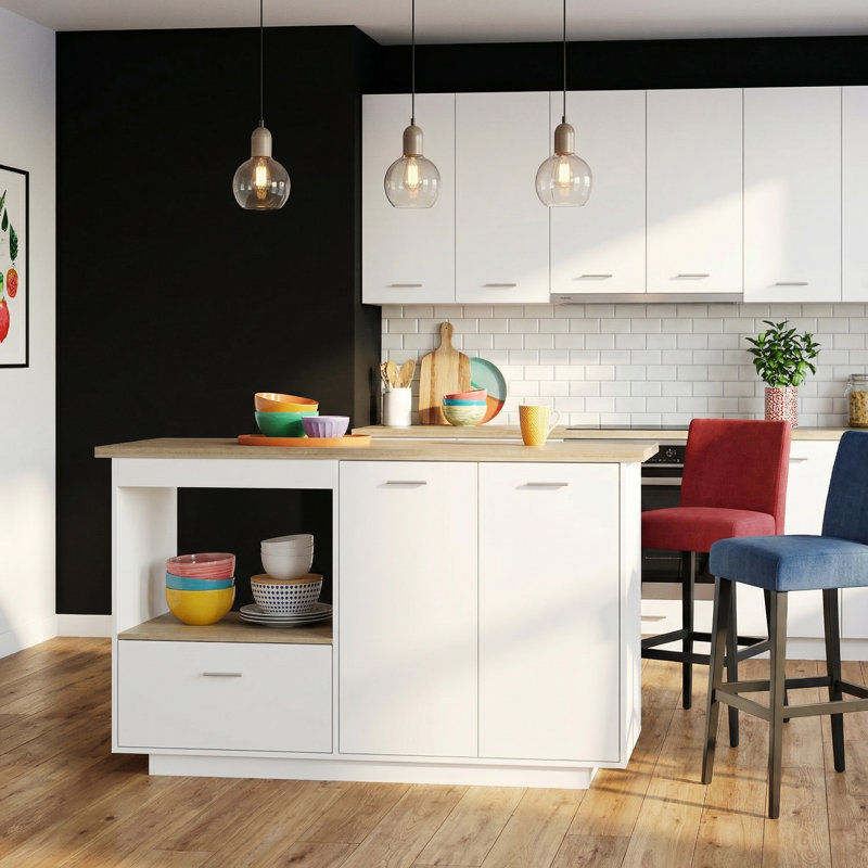 59.1" Wide Kitchen Island With Flip-Top Table – Modern White & Wood Top Bar Counter