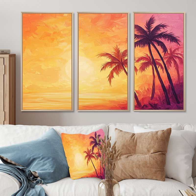 Sunset Oasis Palm Trees II - Ensemble de décoration murale Palmiers, H 32 po x l 48 po, Reproduction avec cadre flottant