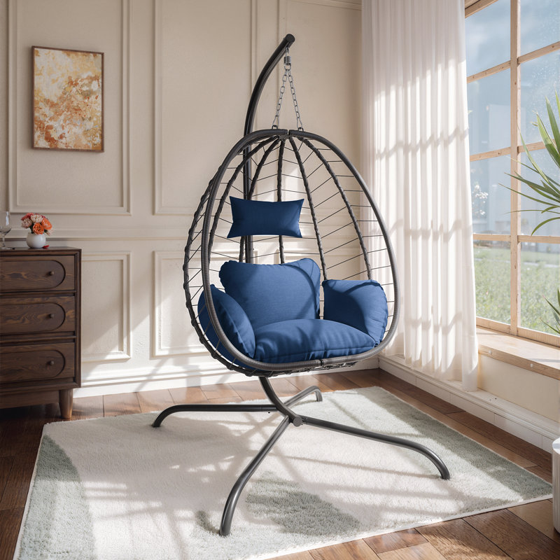 Fauteuil à œufs suspendu pliable en rotin tissé thermolaqué, Bleu marine / Noir