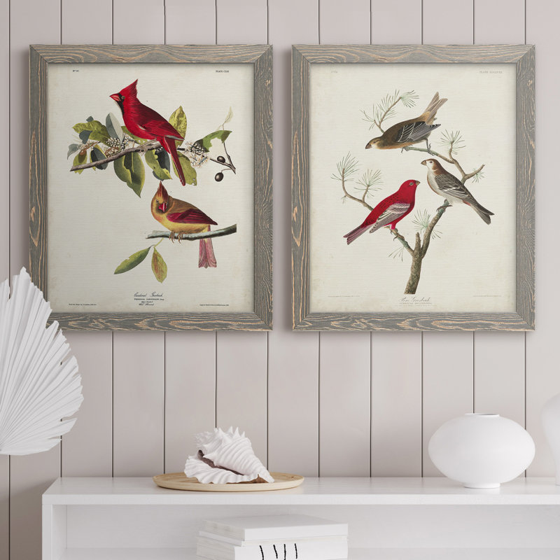 Pl 158 Cardinal Grosbeak - Ensemble de 2 reproductions d'art sur toile, Toile avec cadre gris, H 20 po x l 17 po x P 1 po