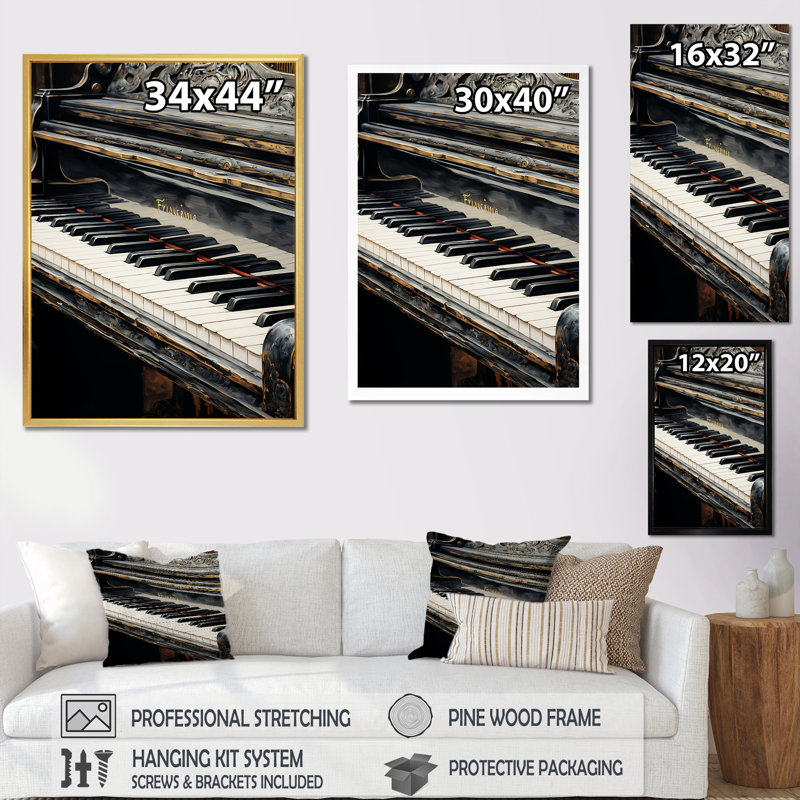 Clés de piano noires et blanches à la sérénité - décoration murale piano, Cadre simple noir, H 20 po x l 12 po x P 1 po