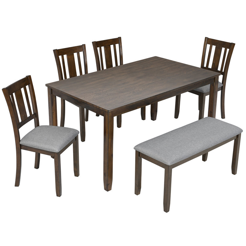 6 Piece Kitchen Dining Set, Rectangular Wooden Dining Table With 4 Upholstered Chairs And A Bench