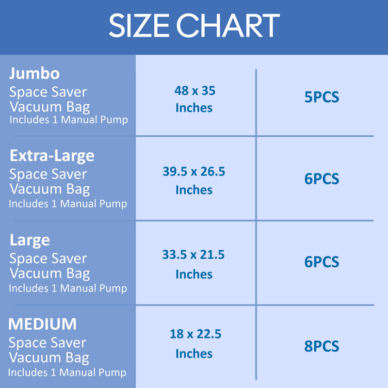 Everyday Home 25 Vacuum Storage Bags - Compression Packs for Storing Clothes and Linens - Airtight Space-Saving Bags in 4 Sizes with Pump