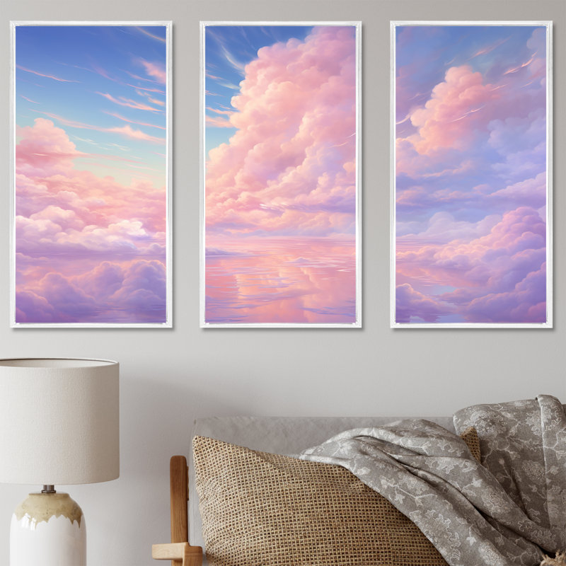«Kawaii Clouds Landscape III - Sky», ensemble de reproductions d'art mural, Cadre flottant blanc, H 32 po x l 48 po x P 1 po