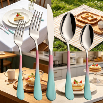 Ensemble de couverts 20 pièces rose et vert, ensemble de couverts colorés en acier inoxydable 18/0 pour 4, ensemble de couverts modernes avec couteaux de table, fourchettes, cuillères, poli miroir, va au lave-vaisselle