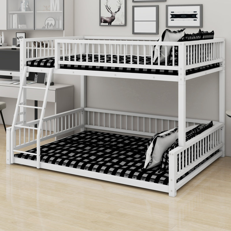 Floor Bunk Bed Frame With Ladder And Safety Guardrails, White