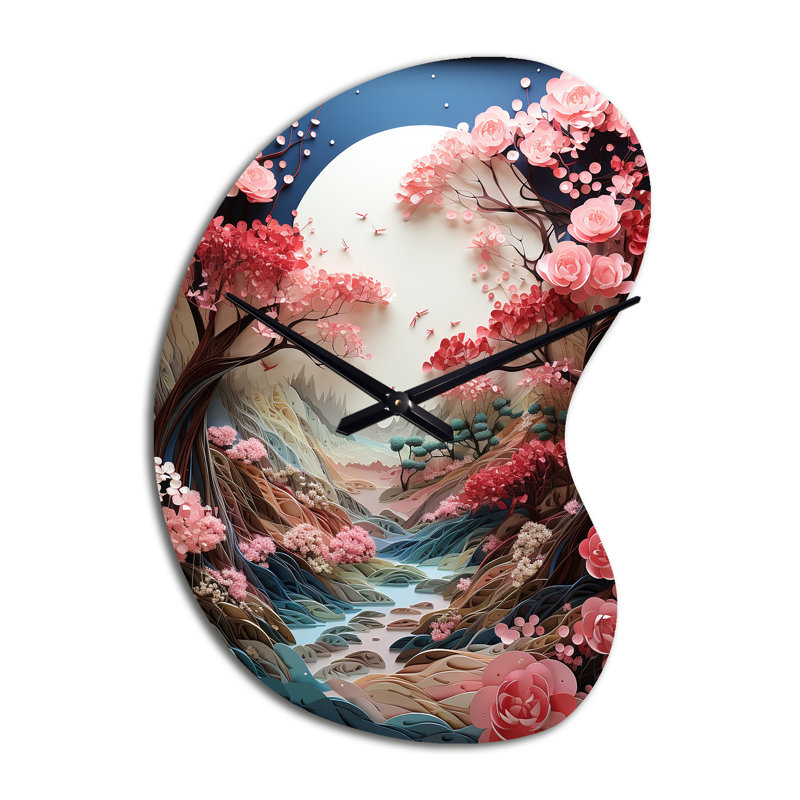 Asian Art Zen Garden V - Art asiatique, horloge murale asymétrique en métal, impression d'horloge murale de forme irrégulière rose