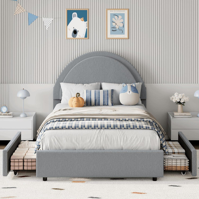 Lit plateforme tapissier Boucle avec tiroirs de rangement et tête de lit ronde, ultra-silencieux, Lit simple, Gris