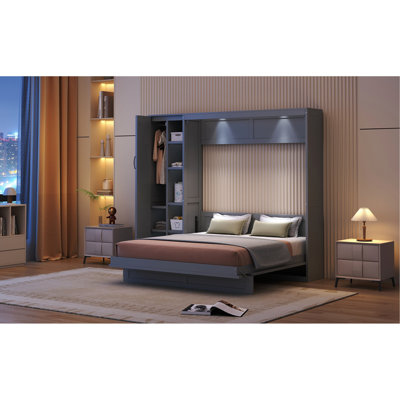 Gray Queen-size Bed With Well-designed And Functional Shelves Wardrobe Structure Queen Color Practical Design