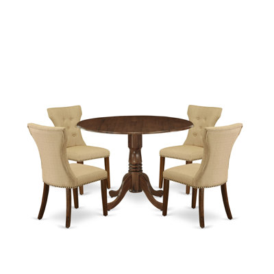 5 Piece Dining Set Consist of a Round Dining Room Table with Dropleaf and 4 Parson Kitchen Chairs, Antique Walnut