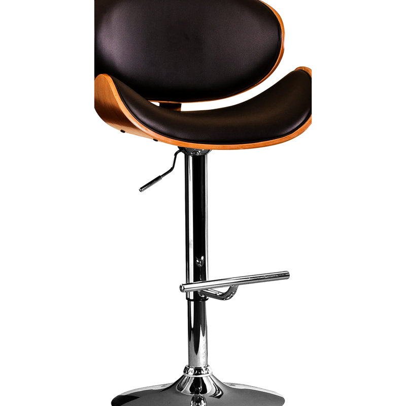Modern Swivel Lift Walnut Bar Stool With Black Cushions, Adjustable Height, Curved For Garden Use, 21"L X 21"D 36 - 44"H Finished Base, Upholstered Back, Ideal Spaces,
