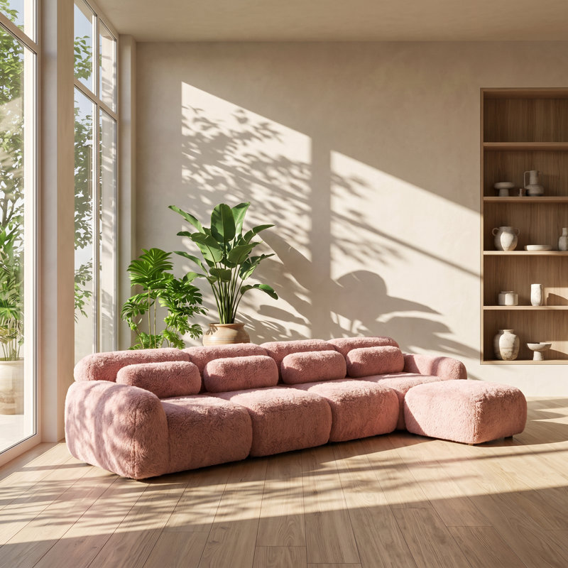 Aura 149" W x 70.4" D x 28.7" H Plush Fabric Modular Sectional Sofa, Pink Fabric