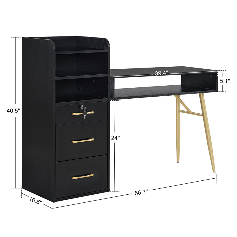 Waybrook 56.7'' Stylish Nail Desk with Drawer and Storage Shelf, Makeup Vanity Desk, Black