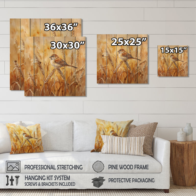 Moineau domestique dans un champ II - Art mural en bois oiseau - sur bois de pin naturel, H 25 po x l 25 po x P 0,78 po