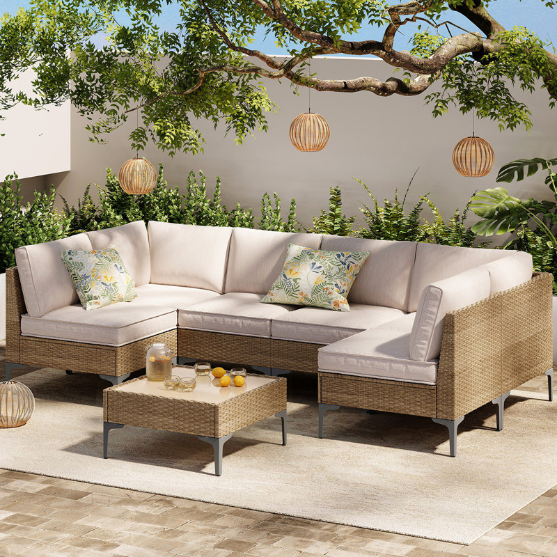 Patio Furniture Set, Outdoor Wicker Sectional Sofa with Coffee Table, Anti-Slip & Thick All-Weather Cushions for Garden, Poolside, Backyard, Beige