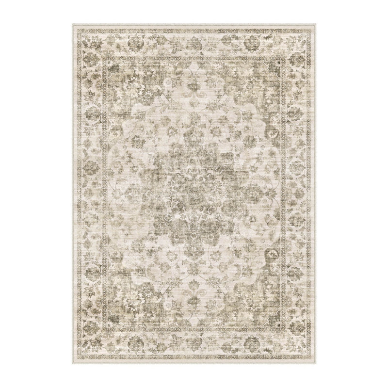 Tapis lavable à médaillon floral brun et beige 9 pi x 12 pi
