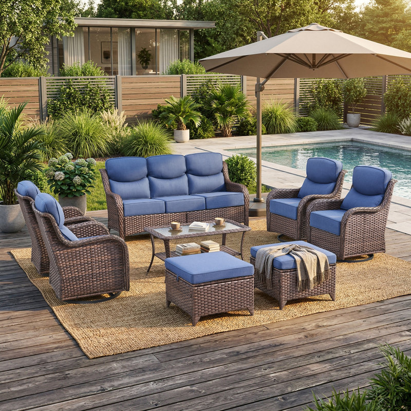 Ensemble de conversation de patio en osier 8 pièces avec coussins de 6 po Heritage Haven, Bleu clair