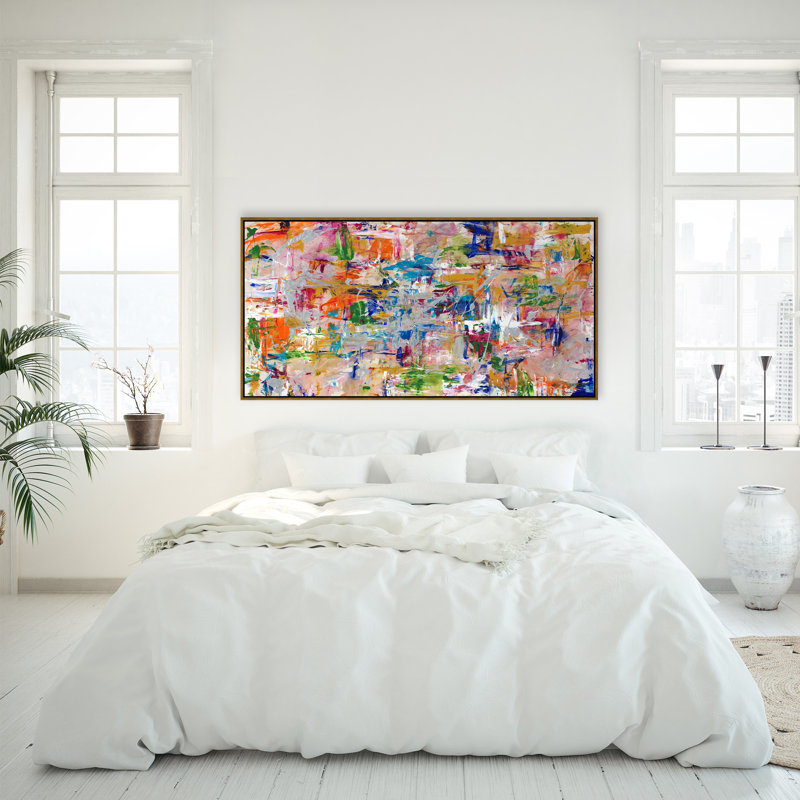 «Color Shaker I» par Danielle Davis, peinture sur toile à cadre flottant, H 37,75 po x l 73,75 po, Couche de verre