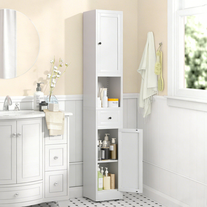 Tall 5-Tier Narrow Metal Bathroom Storage Cabinet With 2 Doors And Adjustable Shelves, Freestanding For Space Saving In Kitchen, Laundry, Pantry