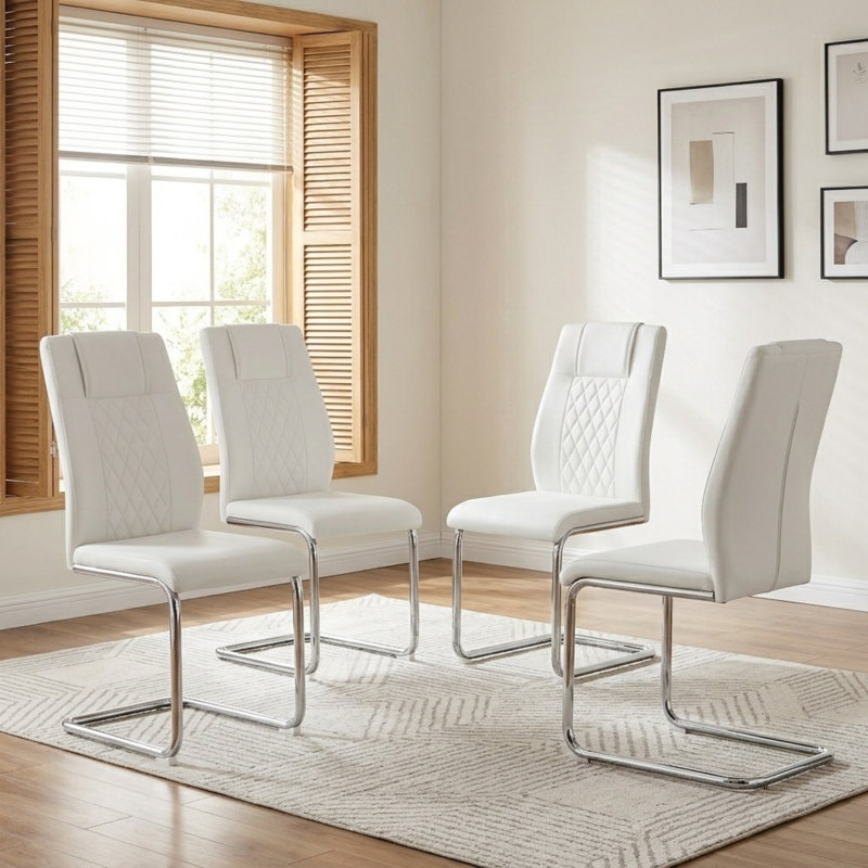 Kimara Modern Faux Leather Diamond Quilt Cantilever Dining Chairs (Set of 4), Set of 4, White, Silver