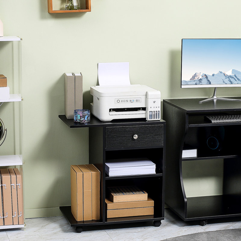Rolling Office Printer Table With Adjustable Shelf And Various Storage Areas Portable Stand Ample For Gadgets Documents